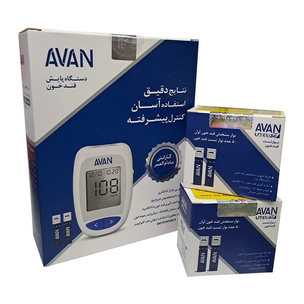 دستگاه تست قند خون + 2 عدد نوار تست آوان | Avan Blood Glucose Test Strips + Monitor