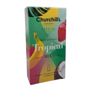 کاندوم ساده حاوی اسانس موز،نارگیل و توت چرچیلز | Churchills Tropical Exciting Mix3 Flavors Condom