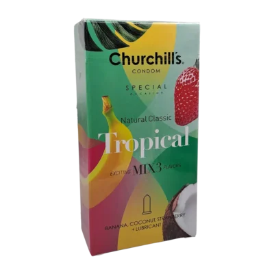 کاندوم ساده حاوی اسانس موز،نارگیل و توت چرچیلز | Churchills Tropical Exciting Mix3 Flavors Condom